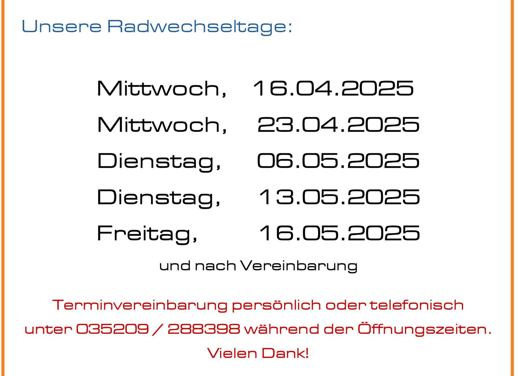 Radwechseltermine 2025